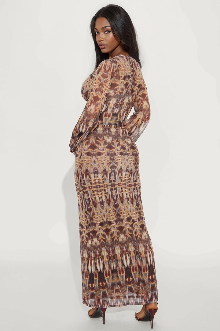Raquel Mesh Maxi Dress - Brown/combo