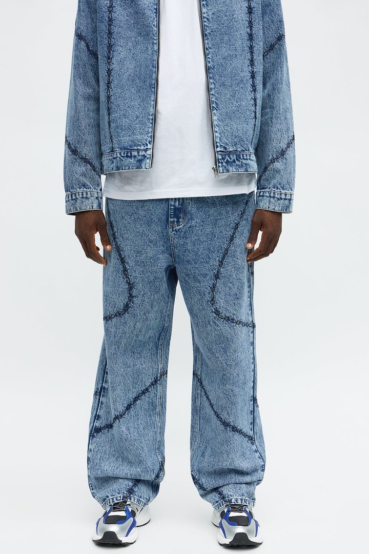 Baggy Embroidered Barbwire Jean - Medium Blue Wash