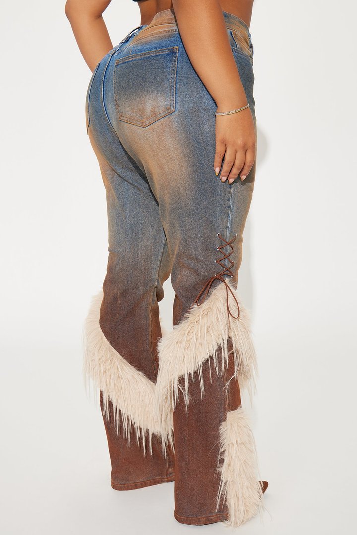 Current Mood Lace Up Faux Fur Bootcut Jeans - Medium Wash