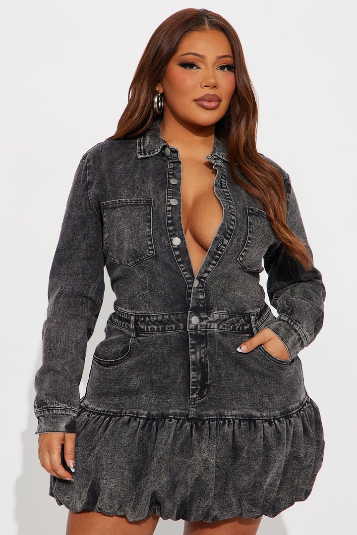 Southern Charm Stretch Denim Bubble Mini Dress - Black Wash