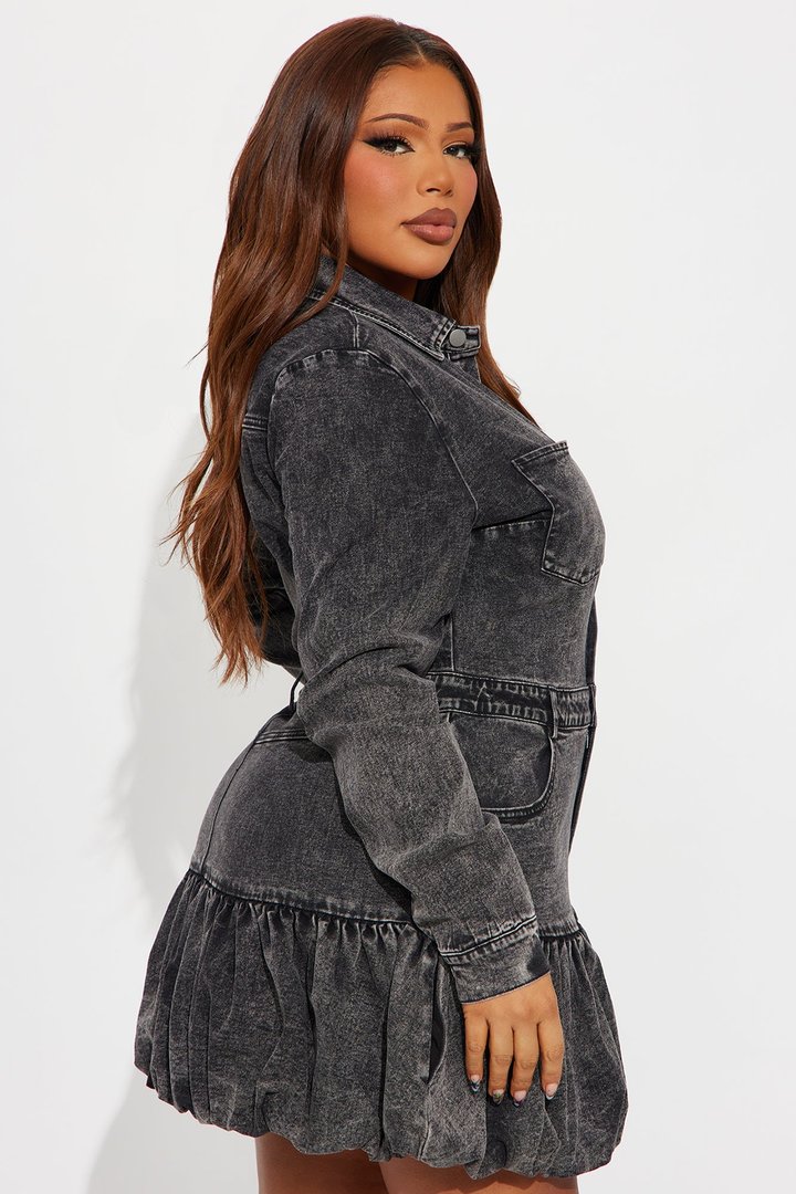 Southern Charm Stretch Denim Bubble Mini Dress - Black Wash