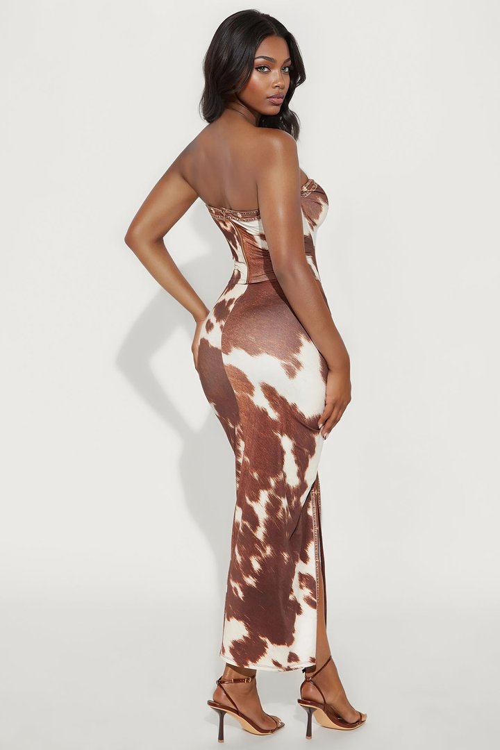Own The Night Cow Print Midi Skirt Set - Brown Combo