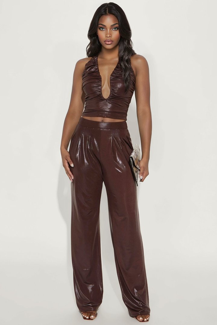 Tempt Me Glitter Halter Top Pant Set - Brown
