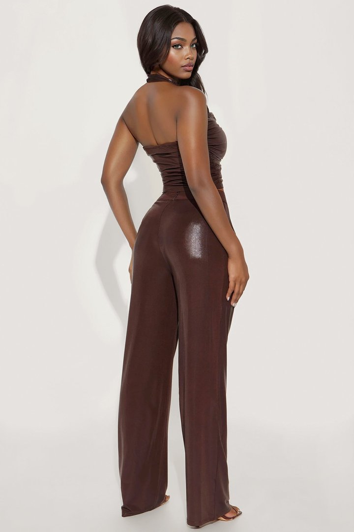 Tempt Me Glitter Halter Top Pant Set - Brown