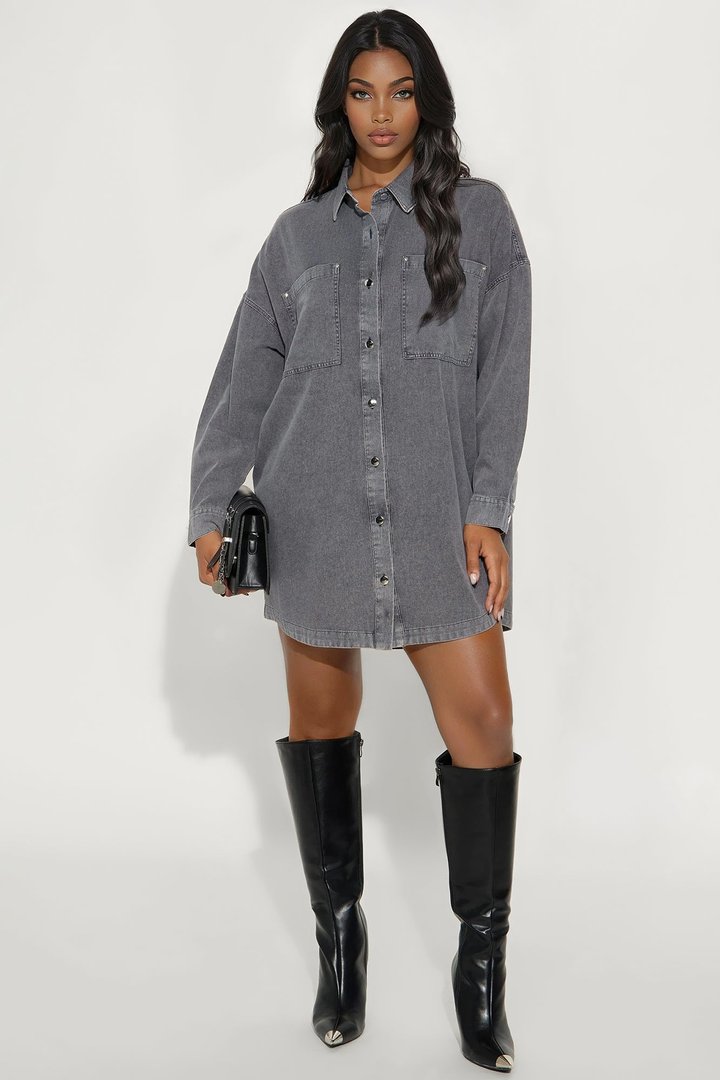 Betsy Denim Shirt Mini Dress - Grey