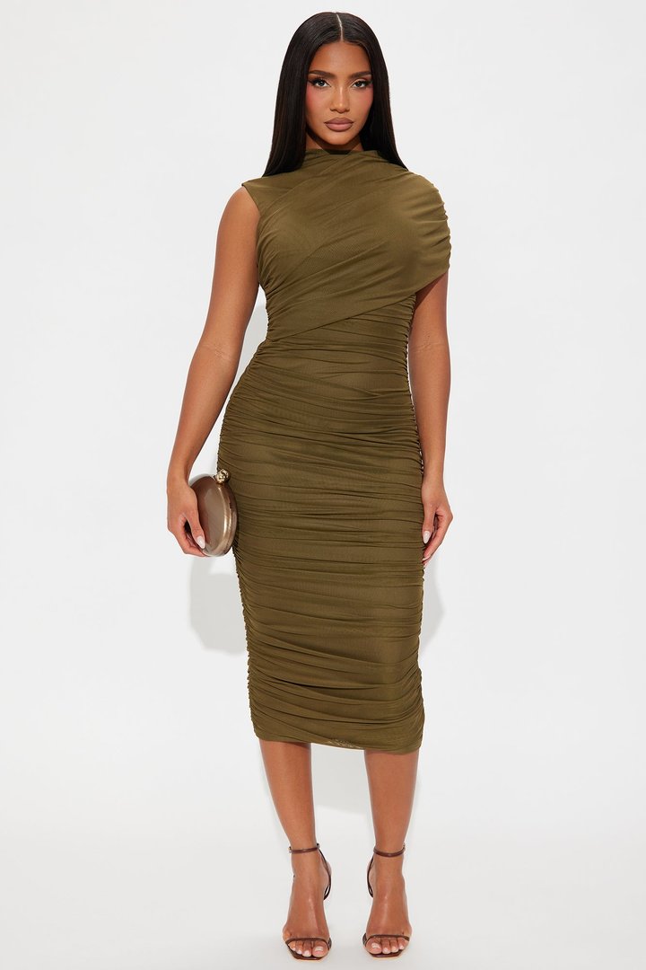 Diya Draped Mesh Midi Dress - Olive