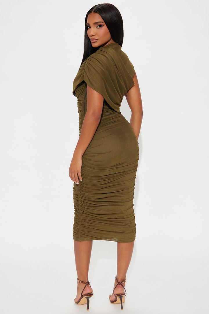 Diya Draped Mesh Midi Dress - Olive