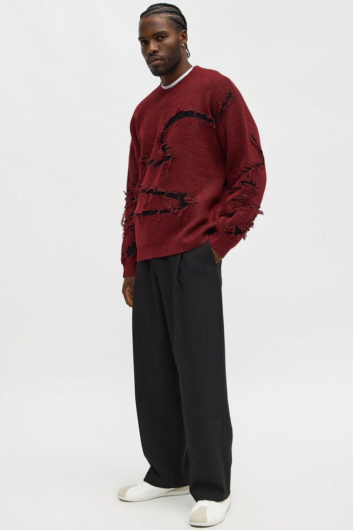 Oversized Trials Distressed Crewneck Sweater - Burgundy/combo