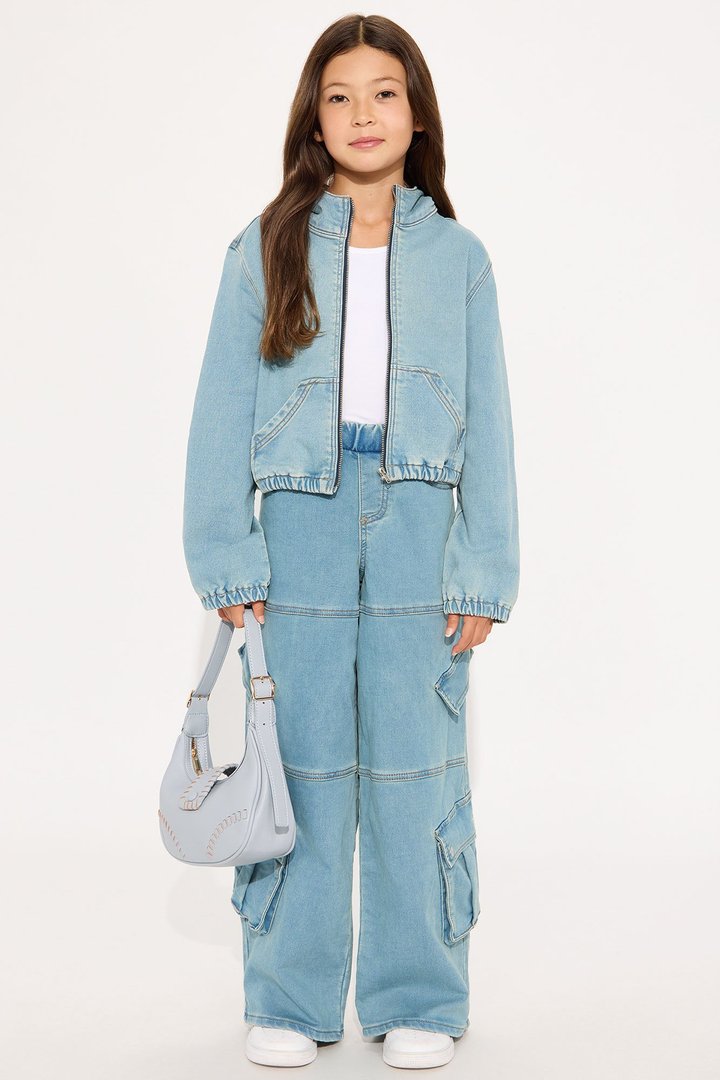 Mini Right Now Knit Denim Bomber Jacket - Medium Wash