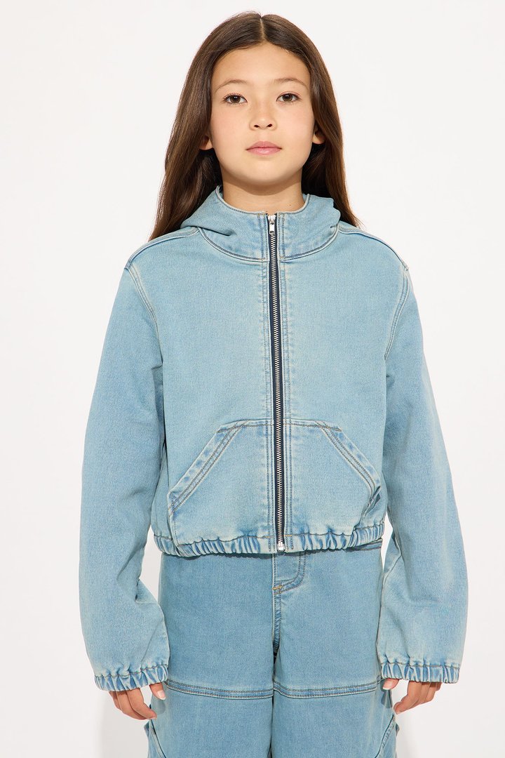Mini Right Now Knit Denim Bomber Jacket - Medium Wash
