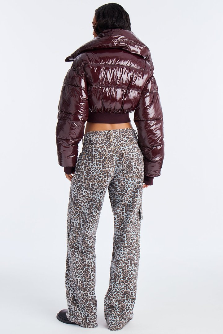 Billie Faux Patent Leather Cropped Puffer Jacket - Chocolate