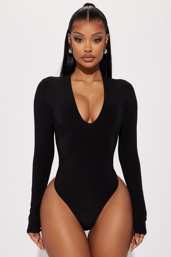 Take The Plunge Lined Long Sleeve Bodysuit - Black