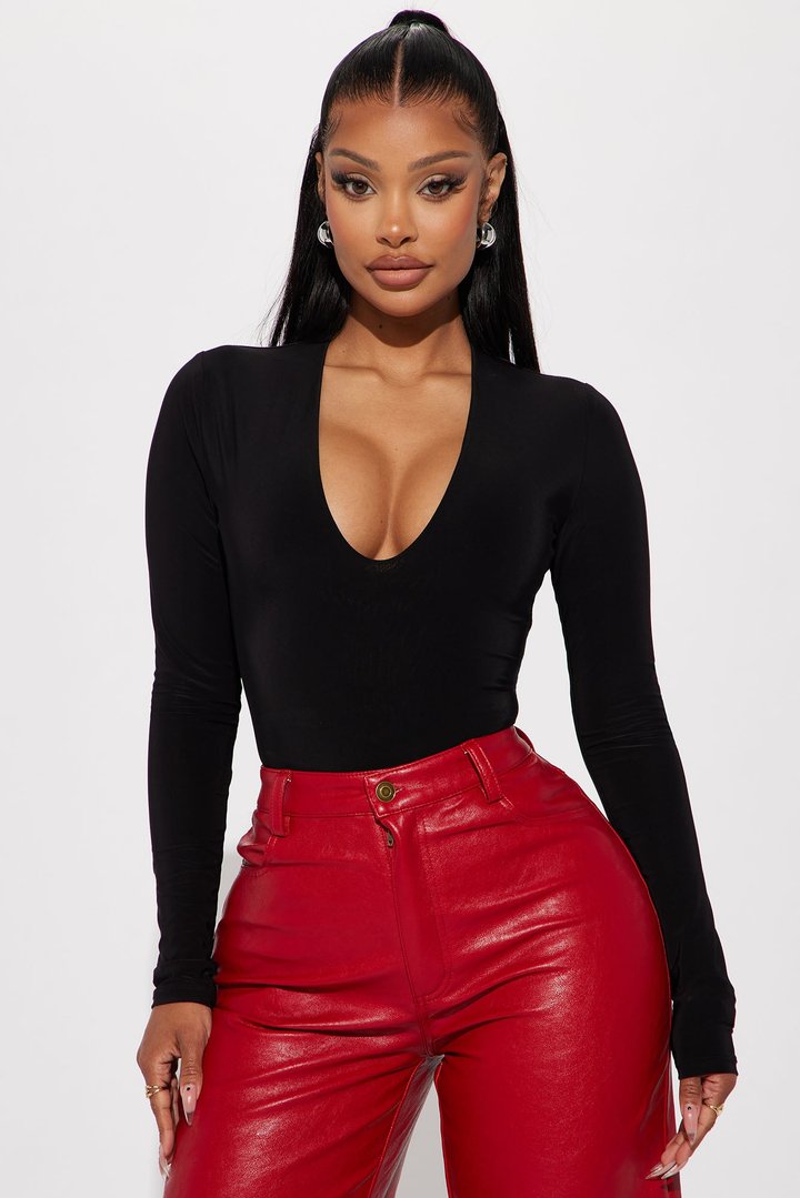 Take The Plunge Lined Long Sleeve Bodysuit - Black