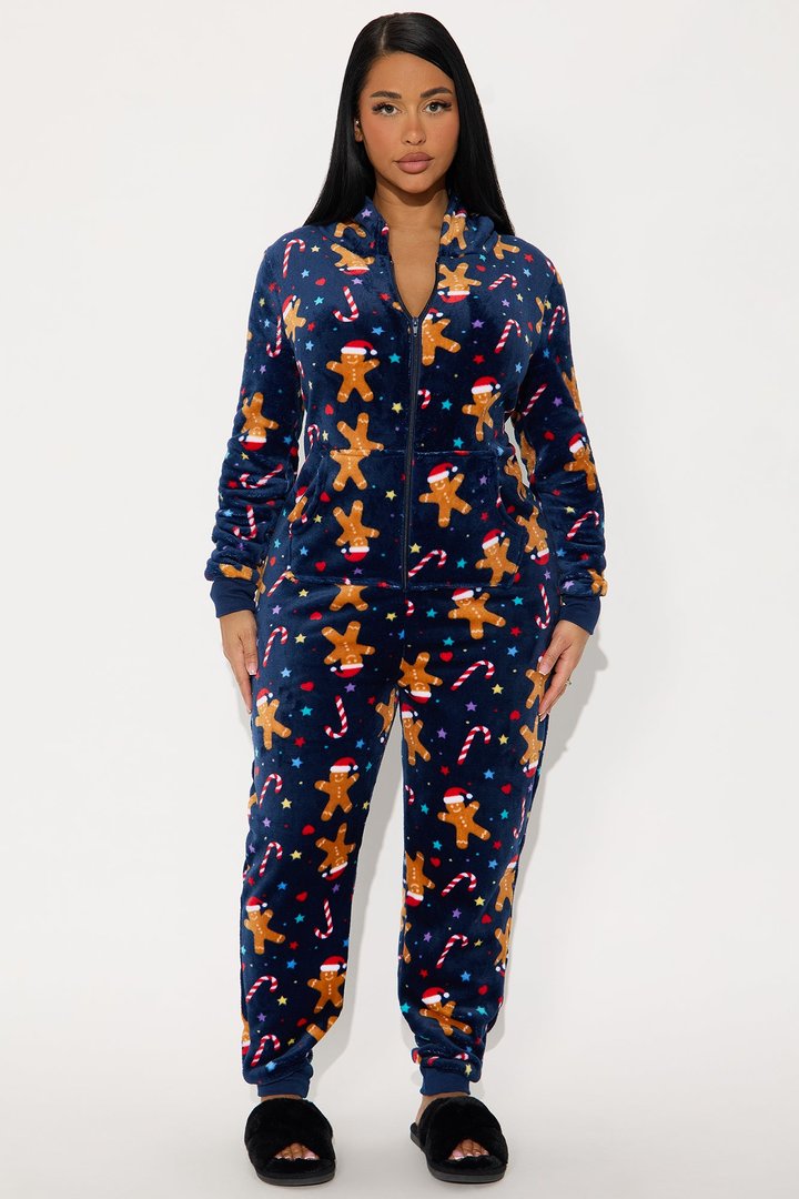 Jolly Gingerbread Matching Family Plush Hoodie PJ Jumpsuit Onesie - Navy