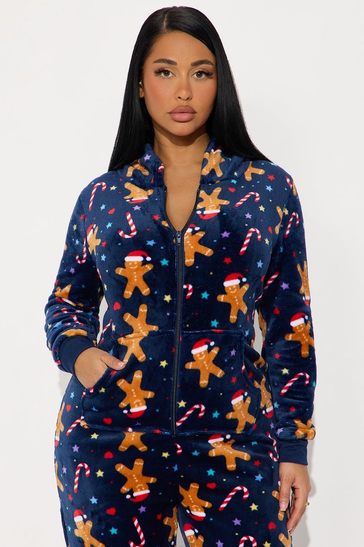 Jolly Gingerbread Matching Family Plush Hoodie PJ Jumpsuit Onesie - Navy