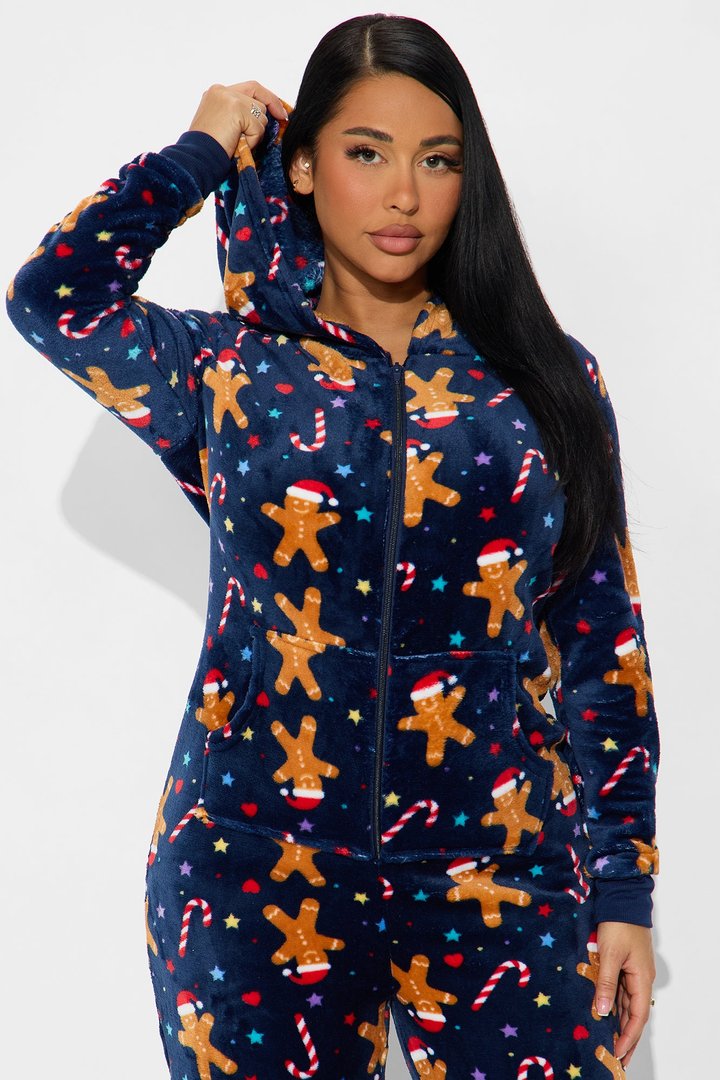 Jolly Gingerbread Matching Family Plush Hoodie PJ Jumpsuit Onesie - Navy