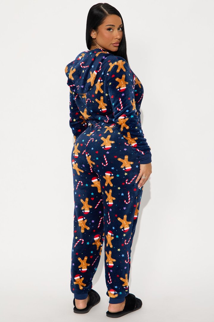 Jolly Gingerbread Matching Family Plush Hoodie PJ Jumpsuit Onesie - Navy
