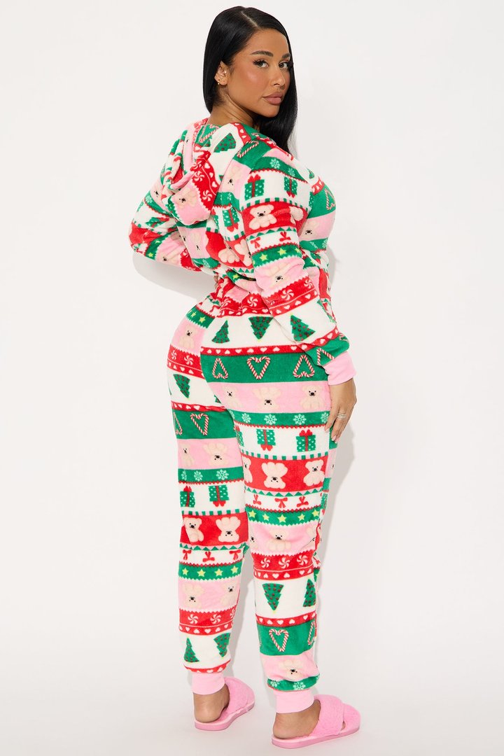 Sweetest Holiday Plush Hoodie PJ Jumpsuit Onesie - Green/combo