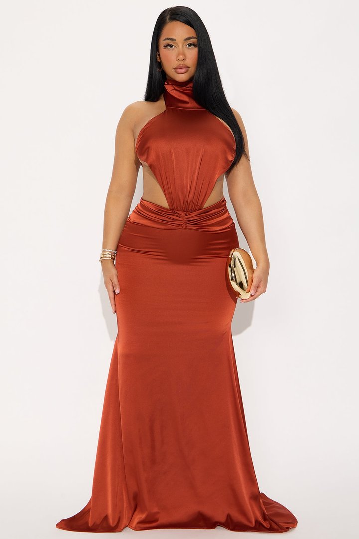 Rae Cut Out Satin Maxi Dress - Rust