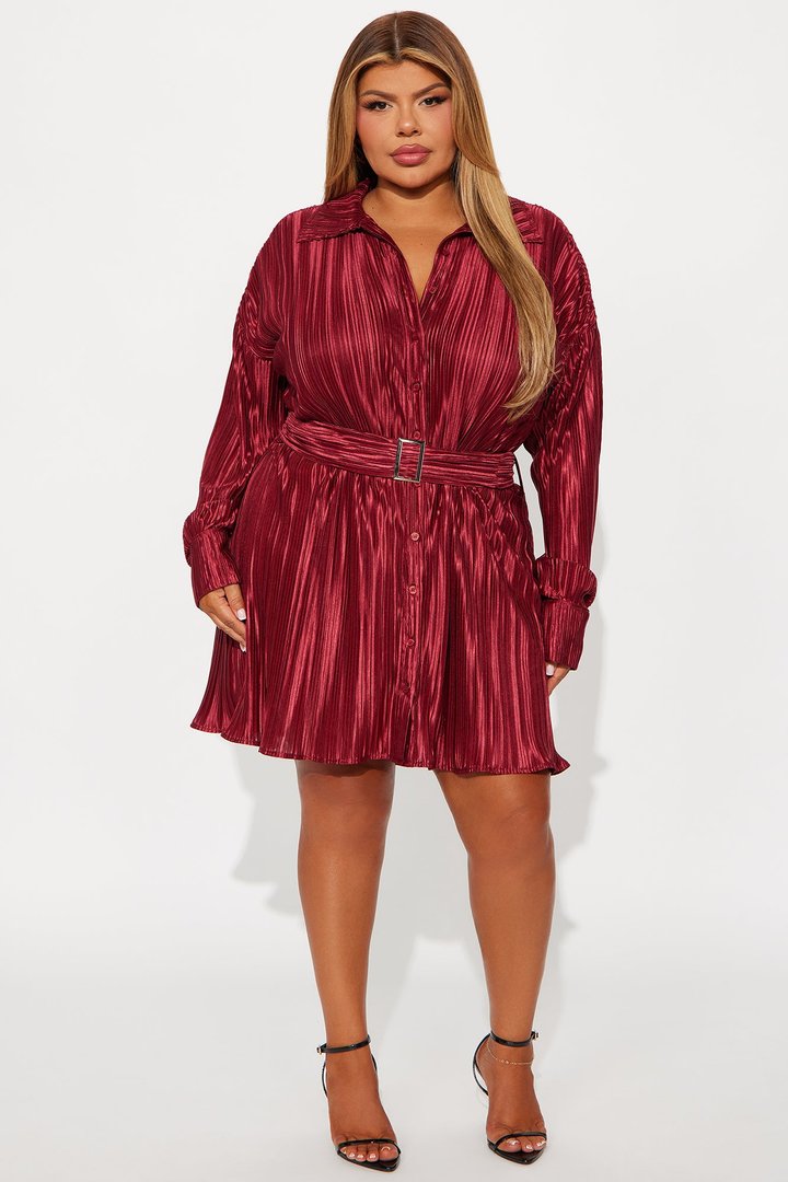 Hot Off The Press Pleated Satin Mini Dress - Wine