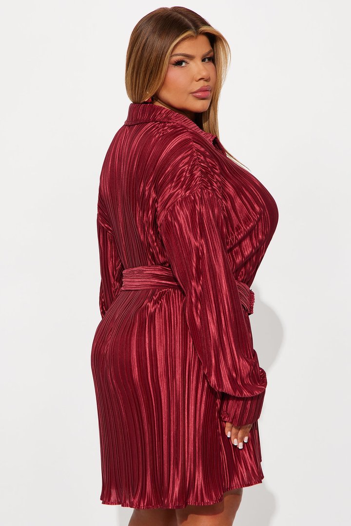 Hot Off The Press Pleated Satin Mini Dress - Wine