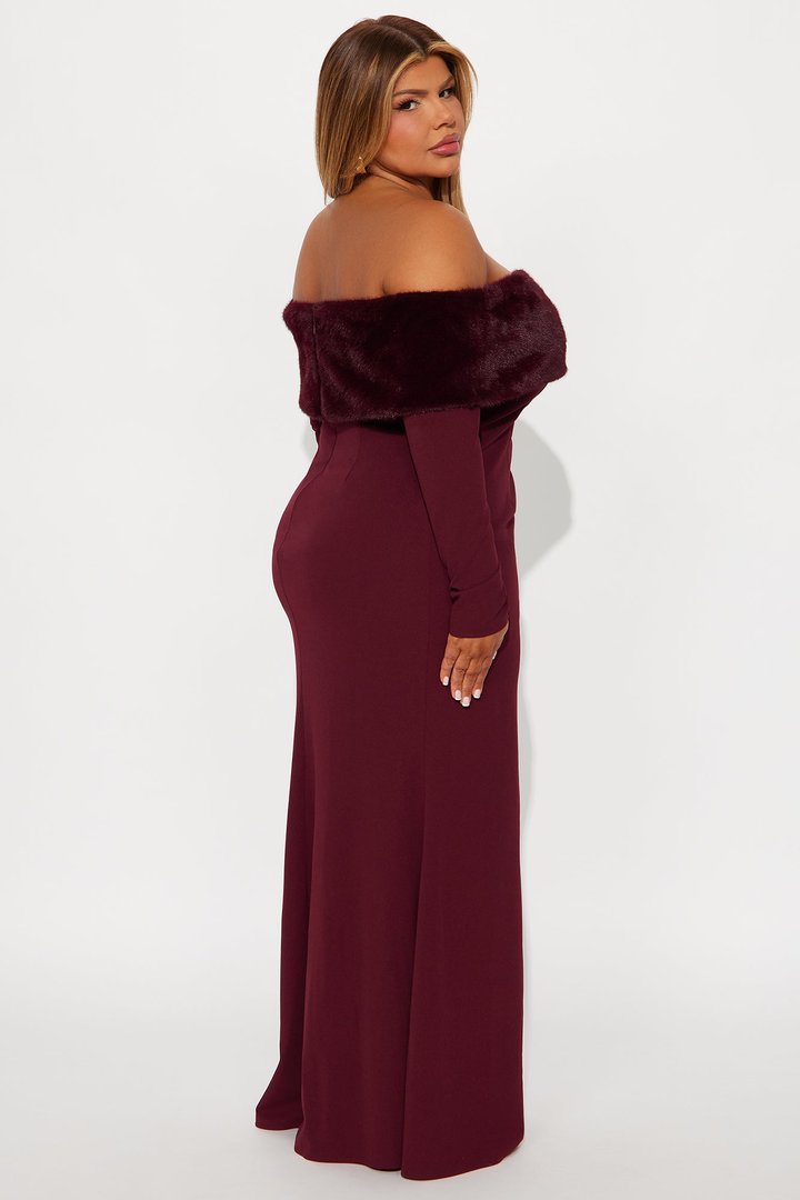 Erin Off Shoulder Fur Maxi Dress - Burgundy