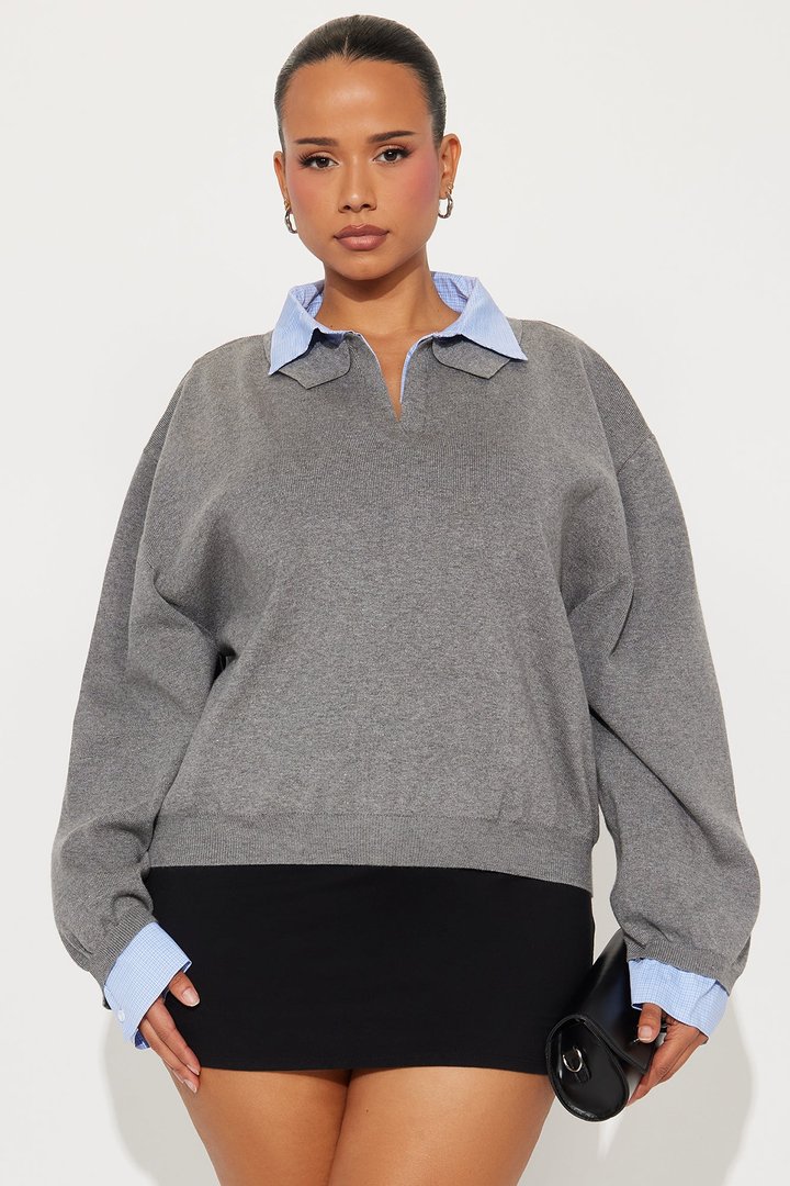 Clocked In Poplin Collar Sweater - Grey/combo