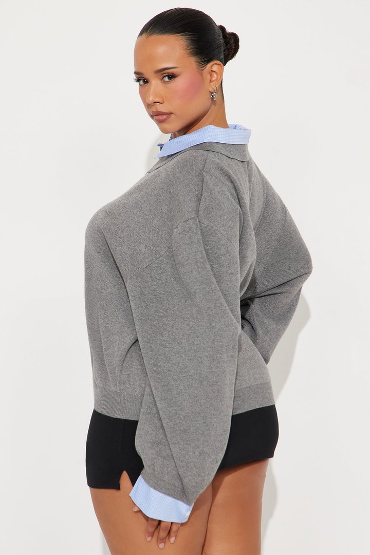 Clocked In Poplin Collar Sweater - Grey/combo