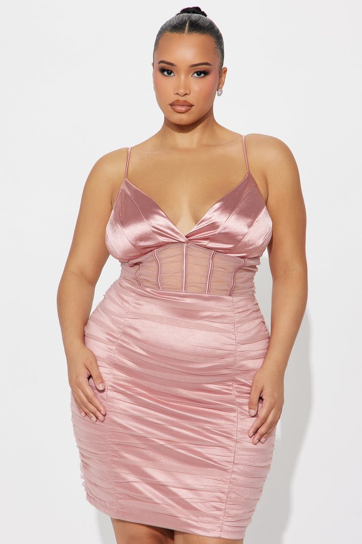 Angelina Mesh Metallic Satin Mini Dress - Blush