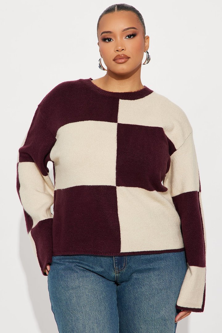 High Demand Checkered Sweater - Wine/combo