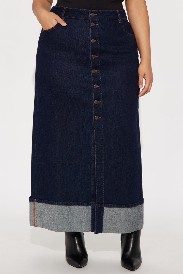Loulou Mid Rise Denim Cuffed Hem Ankle Maxi Skirt - Rinse Blue Wash