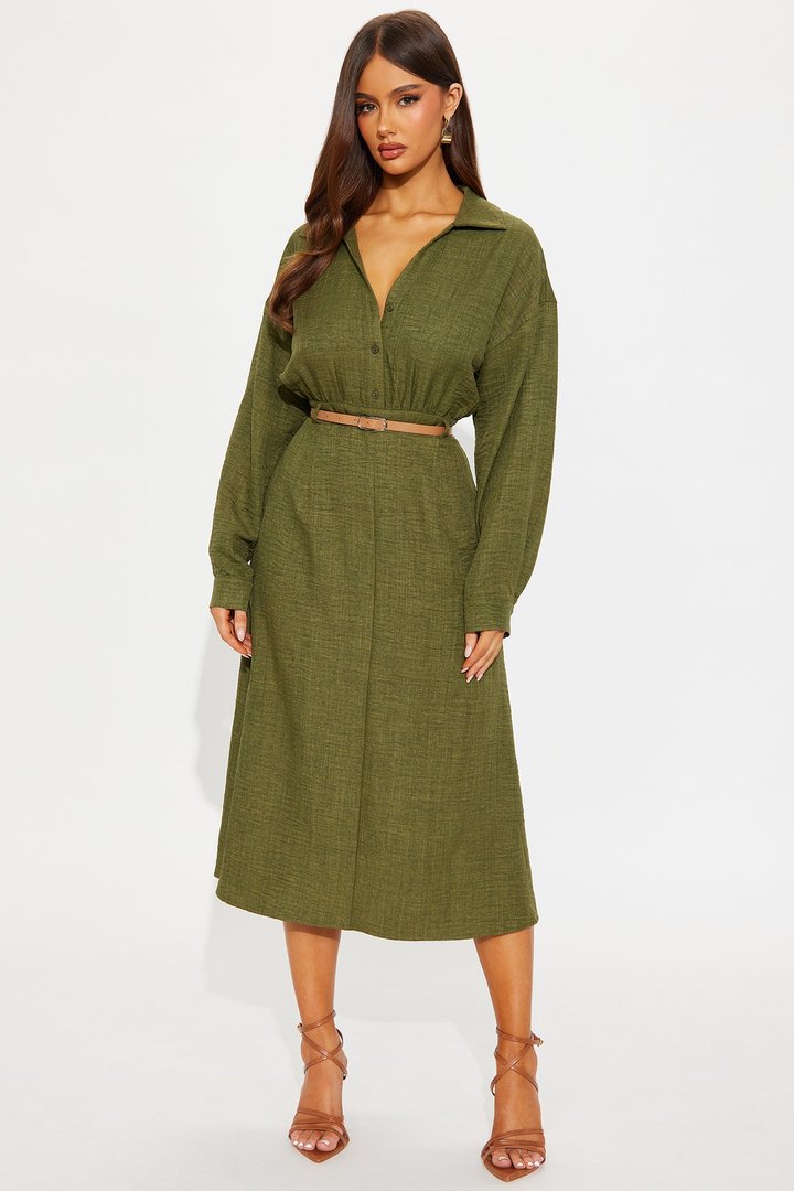 Lottie Collar Linen Midi Dress - Olive