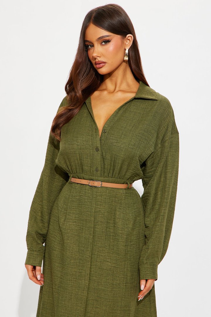 Lottie Collar Linen Midi Dress - Olive