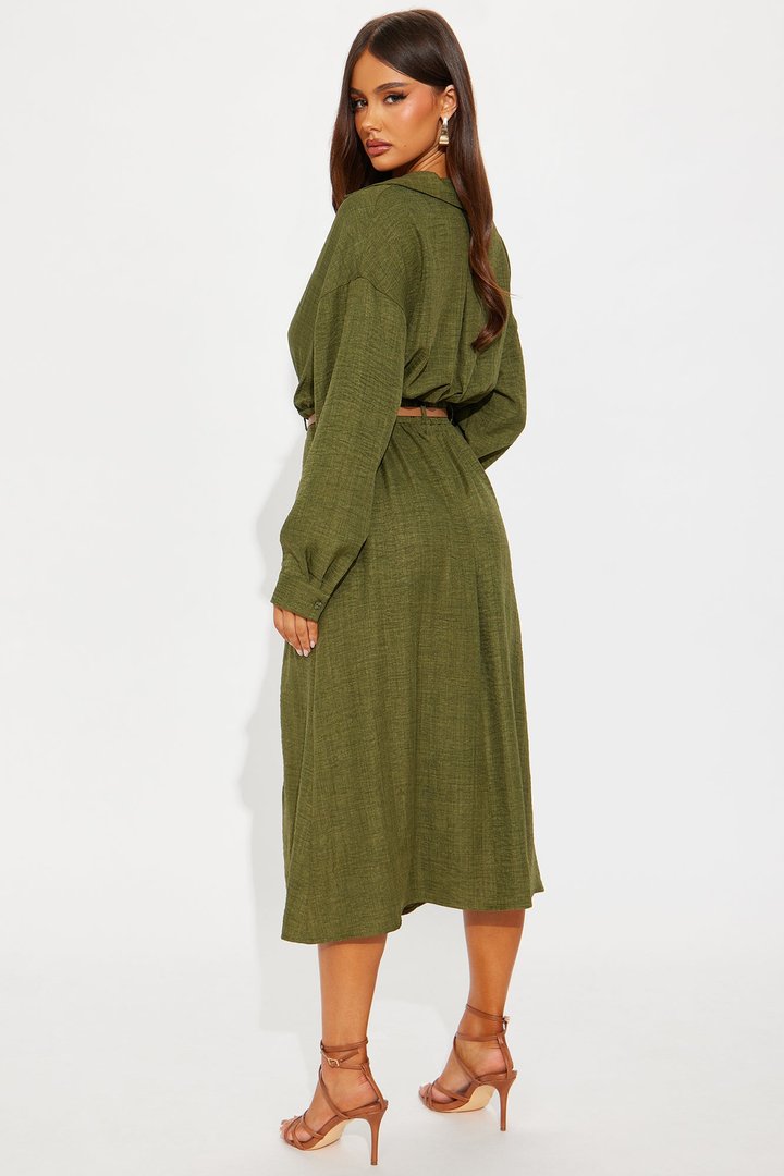 Lottie Collar Linen Midi Dress - Olive