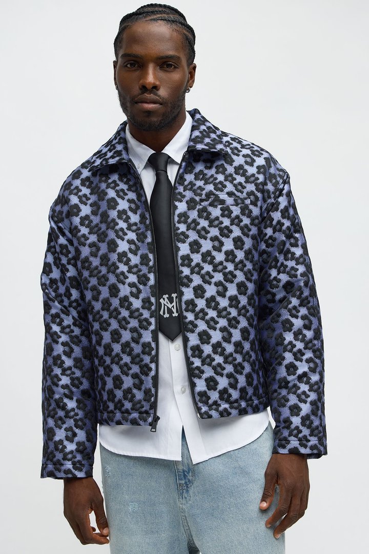 Relaxed Cropped Floral Jacquard Work Jacket - Purple