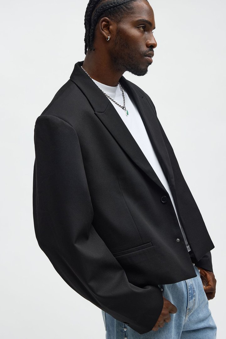 Gabardine Super Cropped Single Breasted Blazer - Black