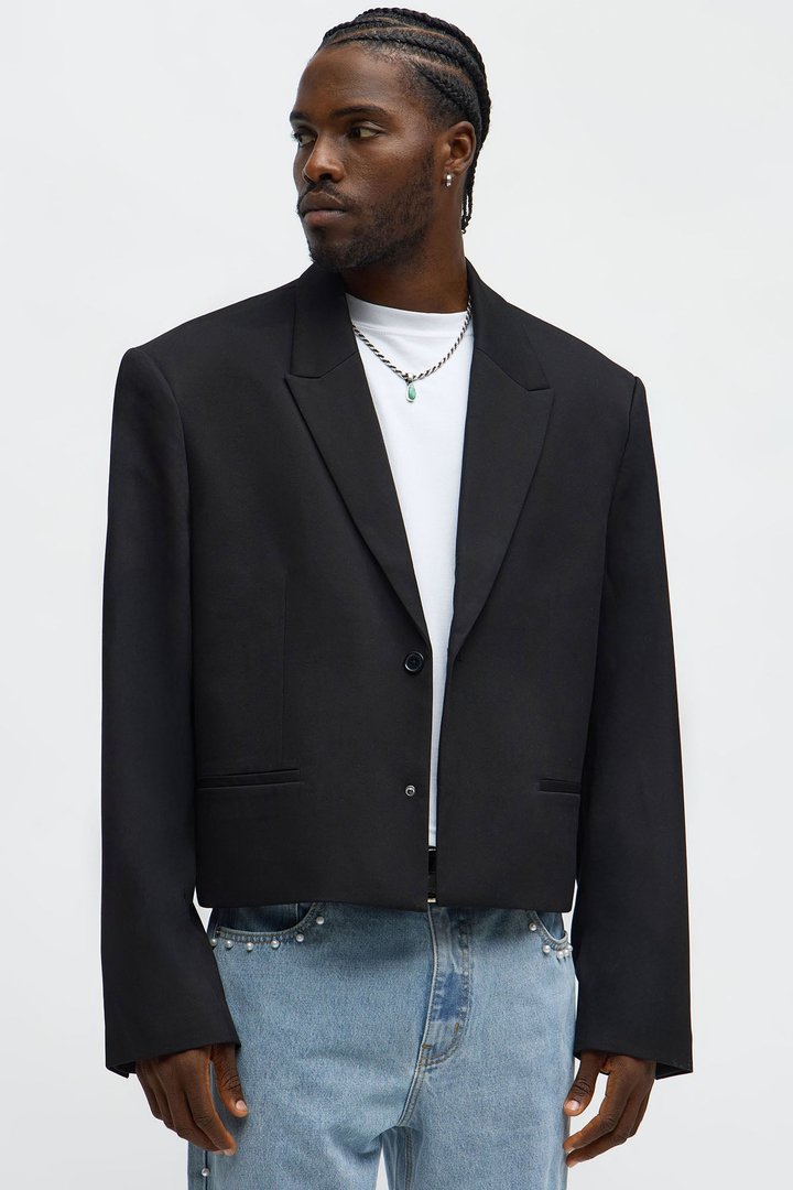 Gabardine Super Cropped Single Breasted Blazer - Black