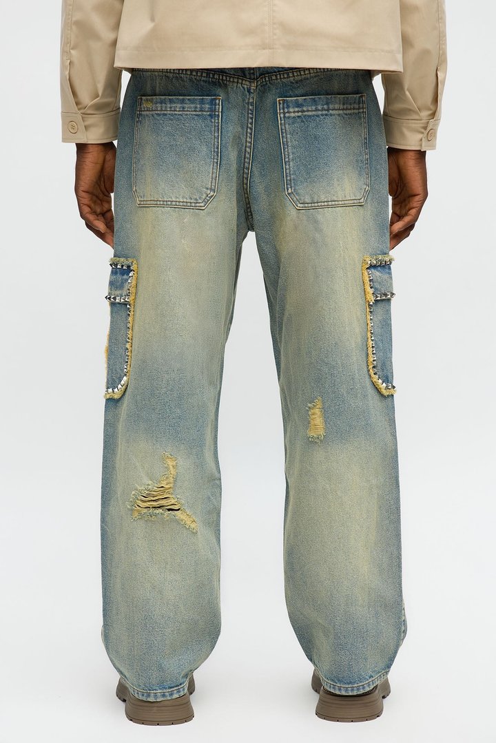 Baggy Studded Way Cargo Jean - Vintage Wash