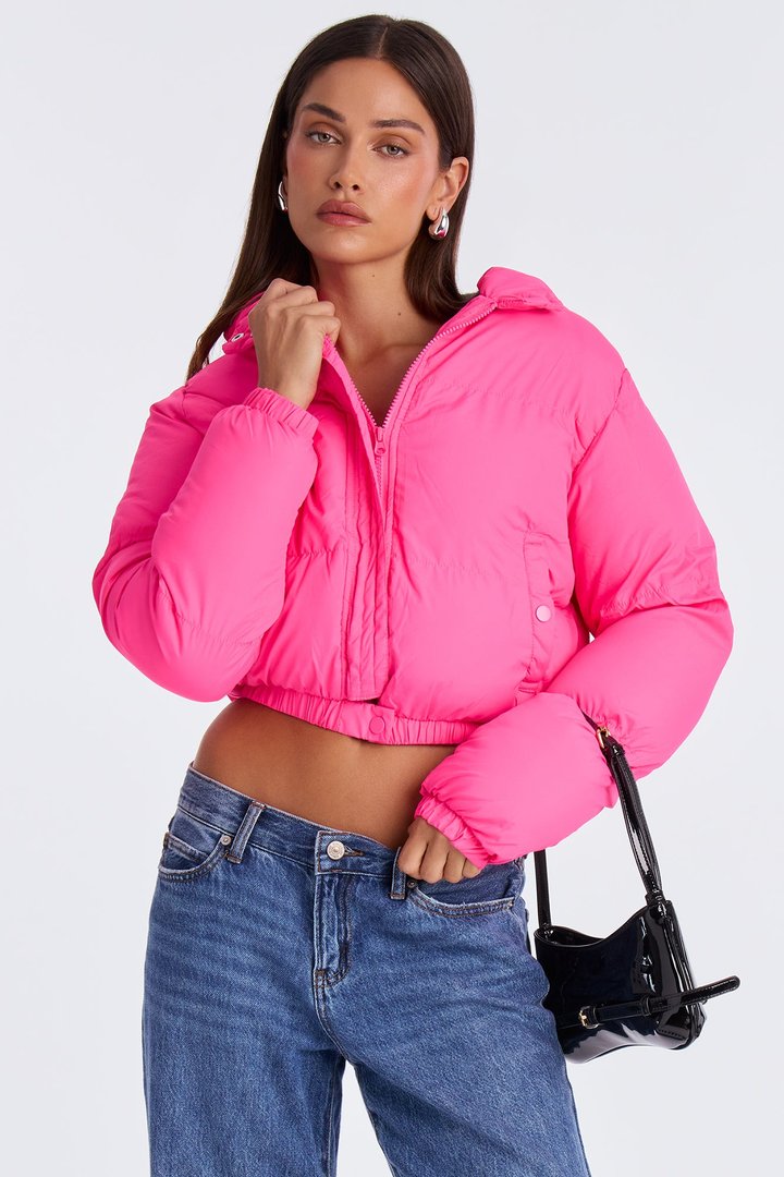Dakota Cropped Hooded Puffer Jacket - Hot Pink