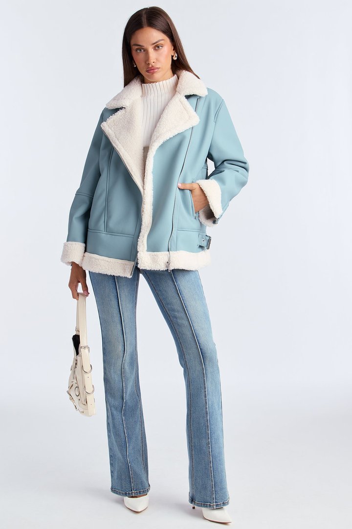 Simone Faux Leather Fur Lined Moto Jacket - Dusty Blue