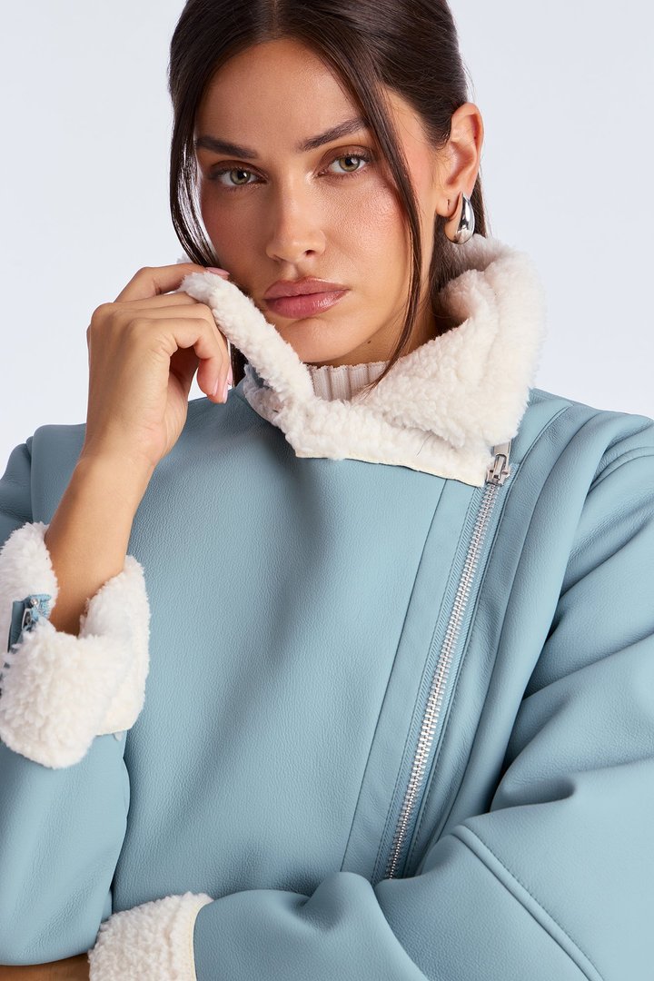 Simone Faux Leather Fur Lined Moto Jacket - Dusty Blue