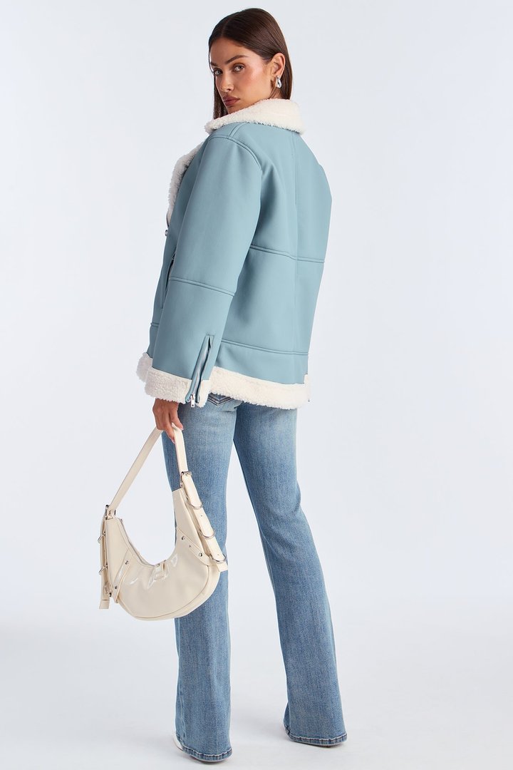 Simone Faux Leather Fur Lined Moto Jacket - Dusty Blue