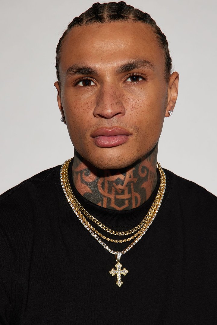 Iced Out Cross Out 3 Piece Chain Necklace - Gold