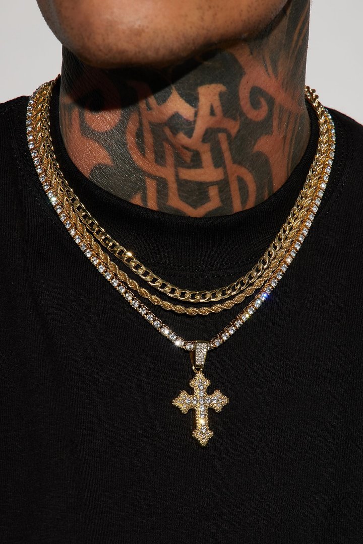 Iced Out Cross Out 3 Piece Chain Necklace - Gold