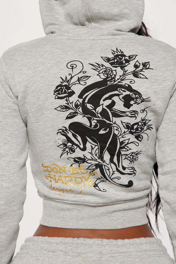 Heart Of Roses Ed Hardy Zip Front Hoodie - Heather Grey