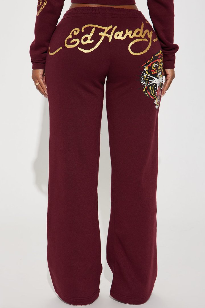 Retro Tiger Ed Hardy Wide Leg Pant - Burgundy