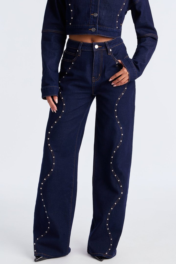 In Waves Studded Straight Leg Jeans - Dark Wash