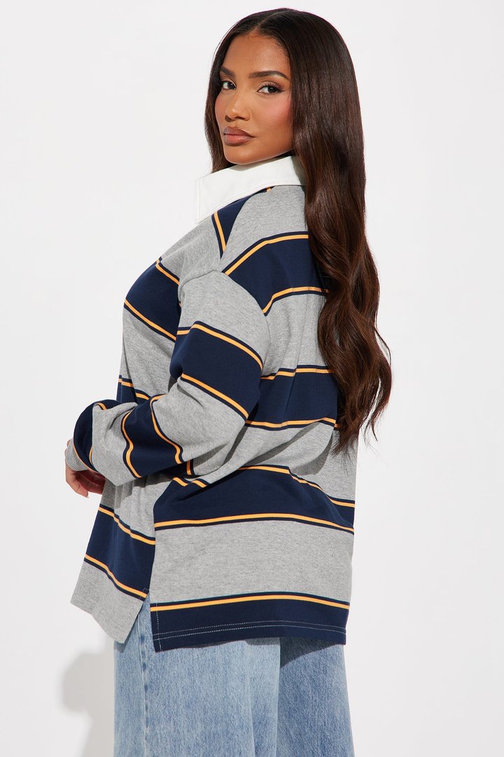 East Coast Rugby Stripe Polo Top - Heathered Grey