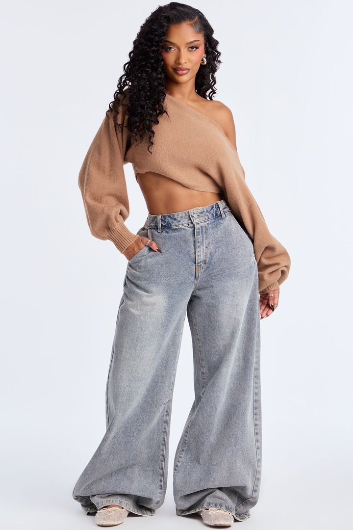 Love Away One Shoulder Sweater Top - Mocha