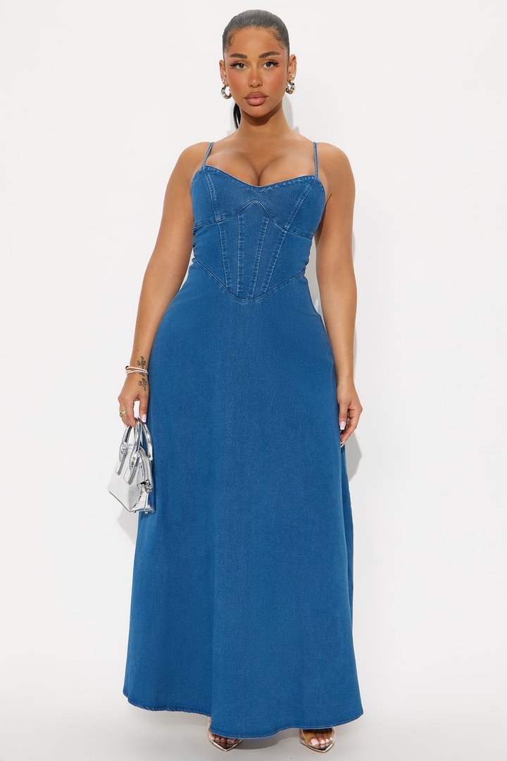 Brenda A Line Denim Maxi Dress - Medium Wash